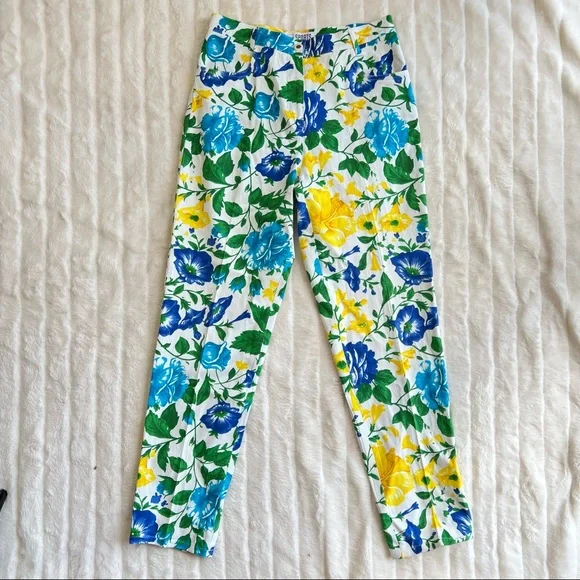 VINTAGE bright yellow blue green white floral print mom jeans - Picture 3 of 5